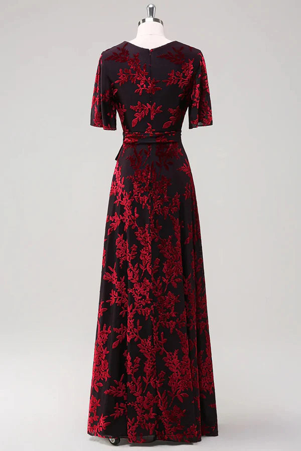 A-Line V Neck Dark Green Burnout Velvet Mother Of The Bride Dress